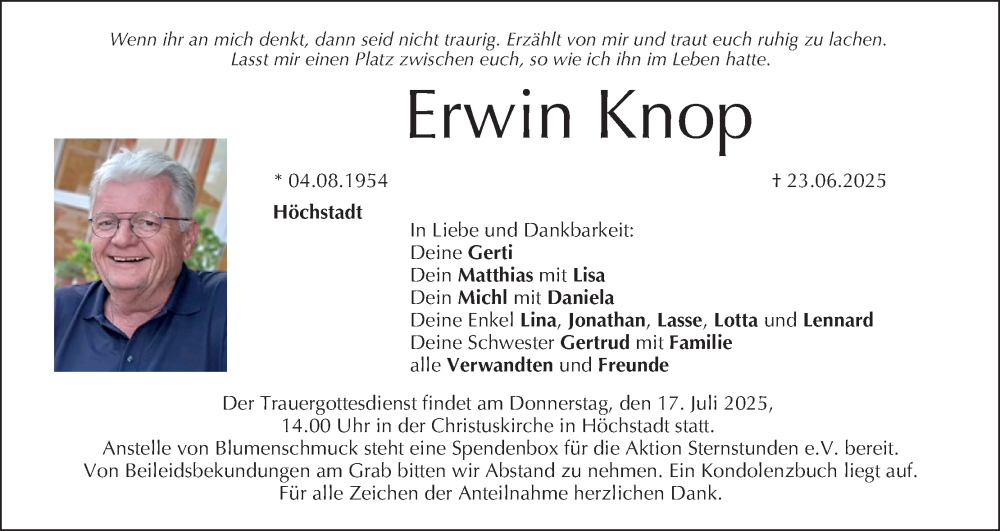  Traueranzeige für Erwin Knop vom 12.07.2025 aus MGO