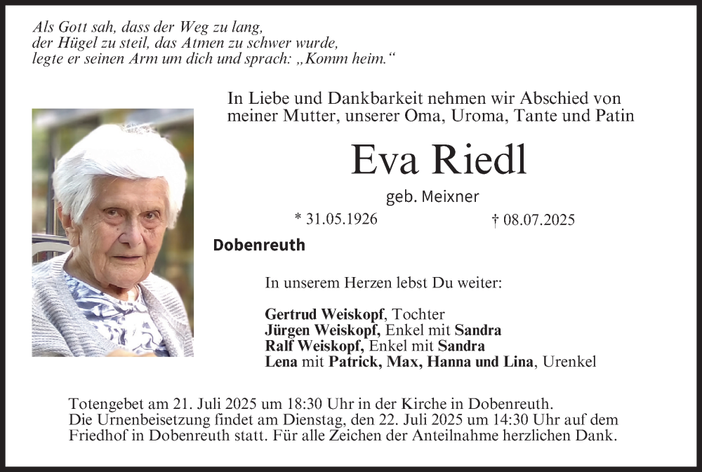 Traueranzeige für Eva Riedl vom 19.07.2025 aus MGO