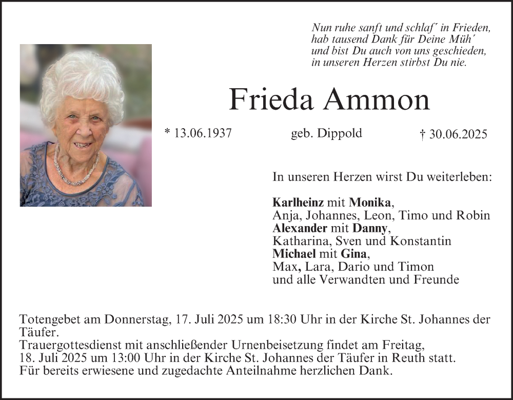  Traueranzeige für Frieda Ammon vom 12.07.2025 aus MGO