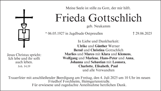 Anzeige von Frieda Gottschlich von MGO