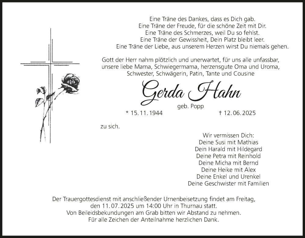 Traueranzeige für Gerda Hahn vom 05.07.2025 aus MGO