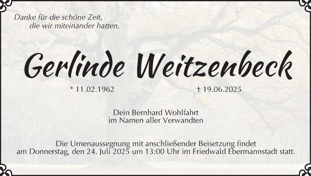  Traueranzeige für Gerlinde Weitzenbeck vom 19.07.2025 aus MGO