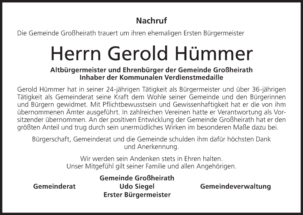  Traueranzeige für Gerold Hümmer vom 26.07.2025 aus MGO