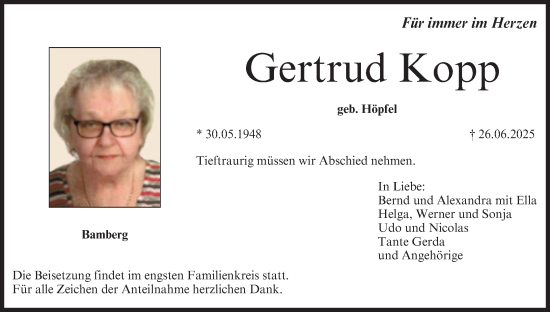 Anzeige von Gertrud Kopp von MGO