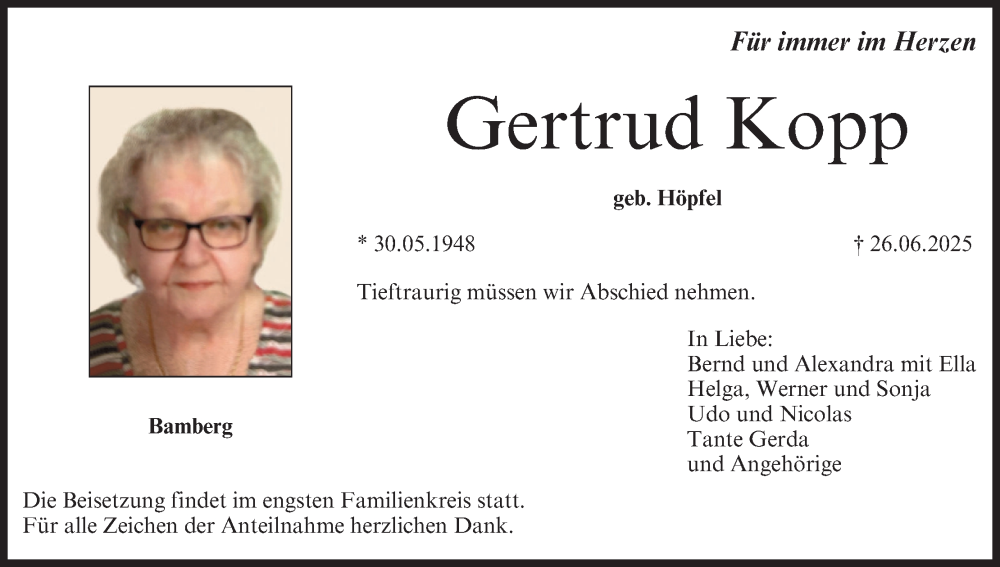  Traueranzeige für Gertrud Kopp vom 05.07.2025 aus MGO