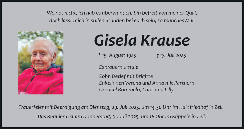  Traueranzeige für Gisela Krause vom 26.07.2025 aus MGO