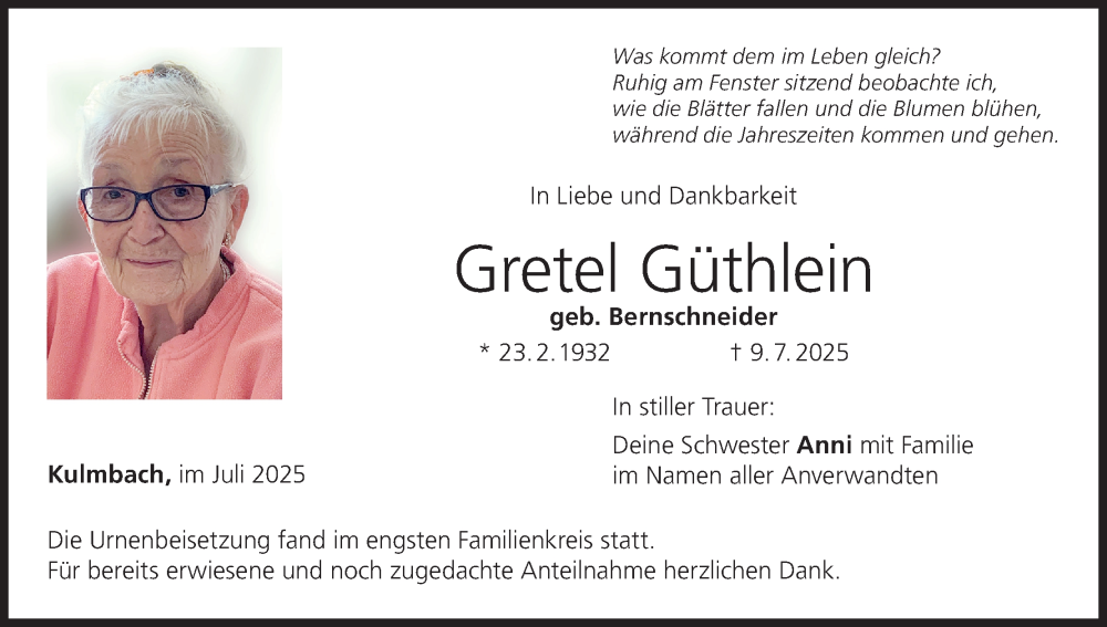  Traueranzeige für Gretel Güthlein vom 26.07.2025 aus MGO