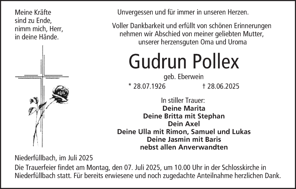  Traueranzeige für Gudrun Pollex vom 02.07.2025 aus MGO