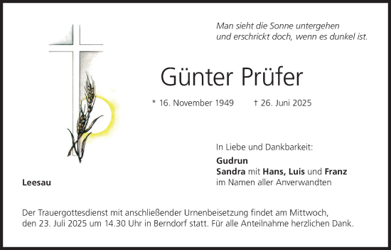 Anzeige von Günter Prüfer von MGO