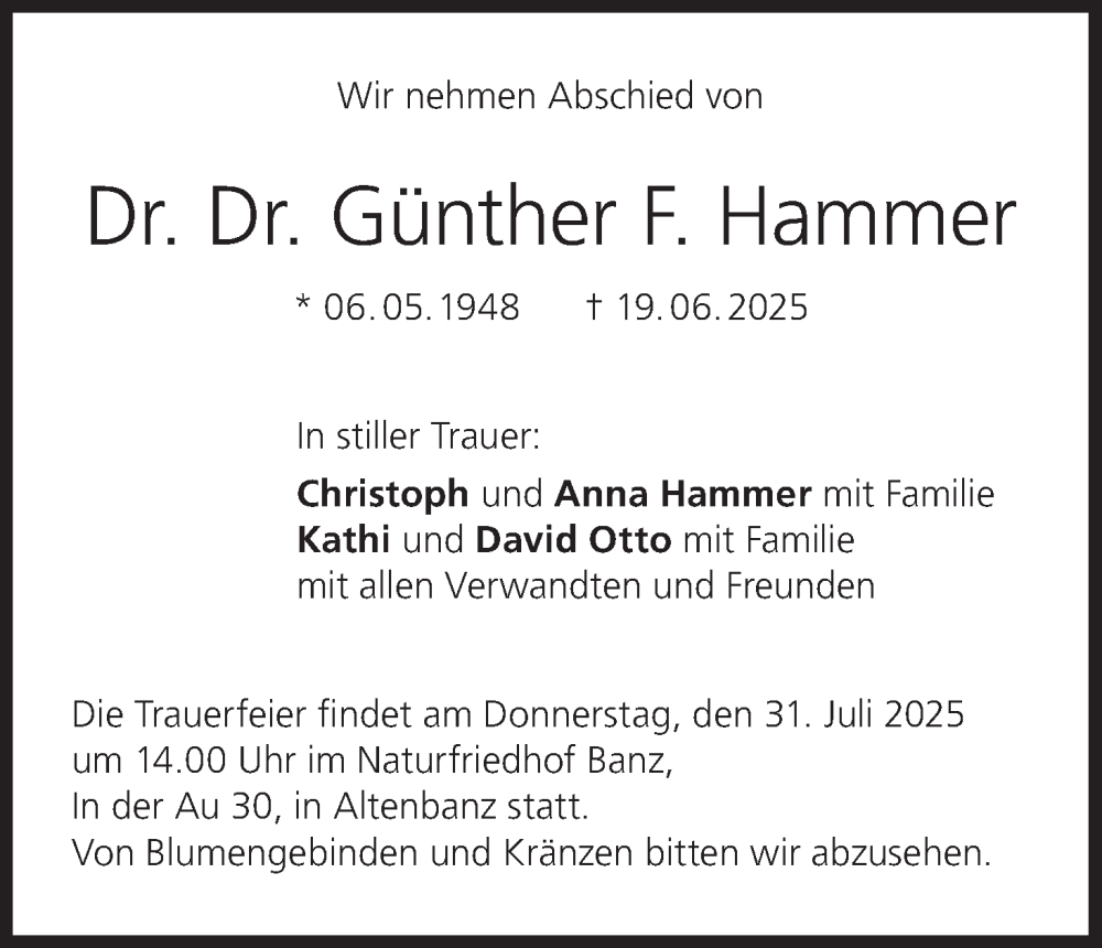  Traueranzeige für Günther F. Hammer vom 19.07.2025 aus MGO
