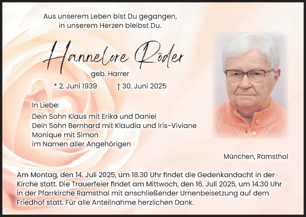  Traueranzeige für Hannelore  Röder vom 12.07.2025 aus MGO