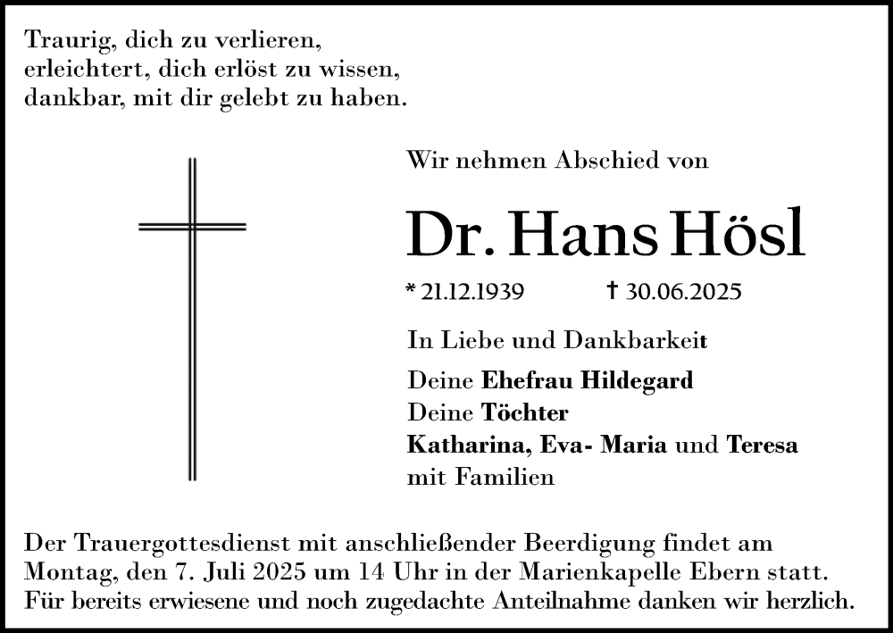  Traueranzeige für Hans Hösl vom 05.07.2025 aus MGO