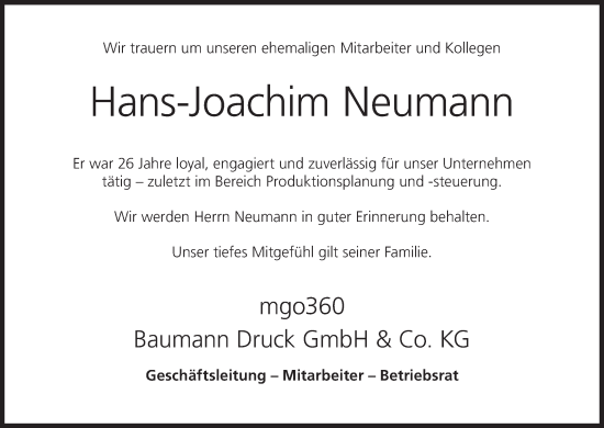 Anzeige von Hans-Joachim Neumann von MGO