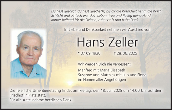 Anzeige von Hans Zeller von MGO