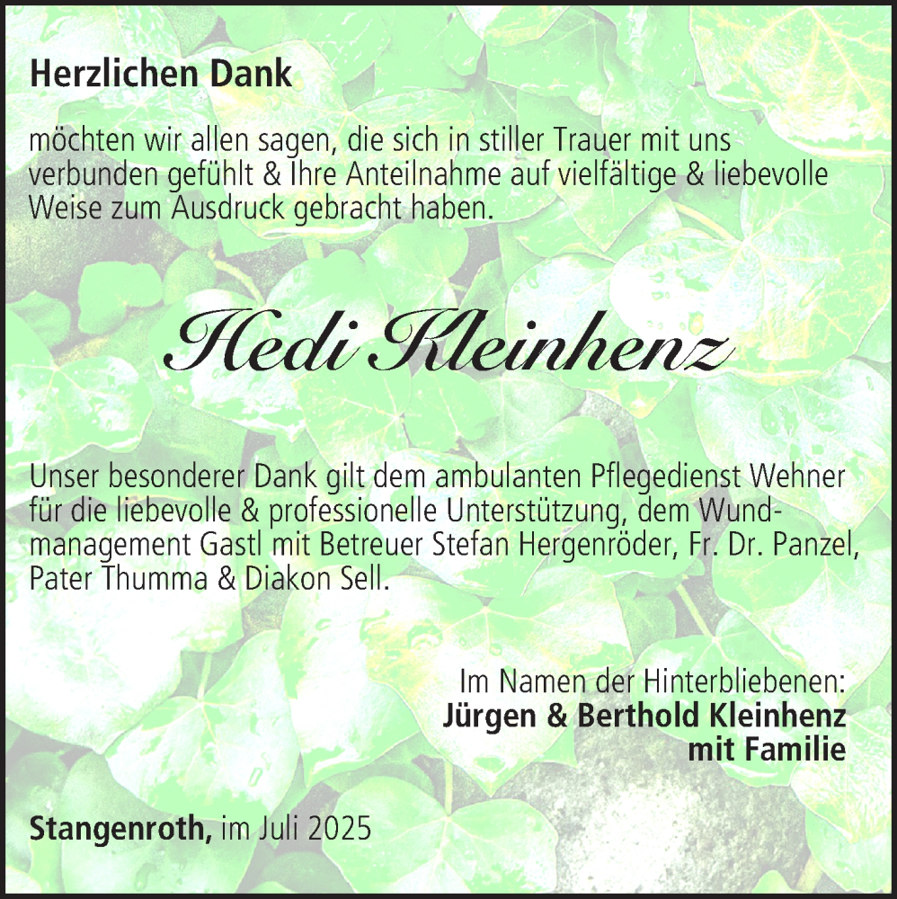  Traueranzeige für Hedi Kleinhenz vom 12.07.2025 aus MGO