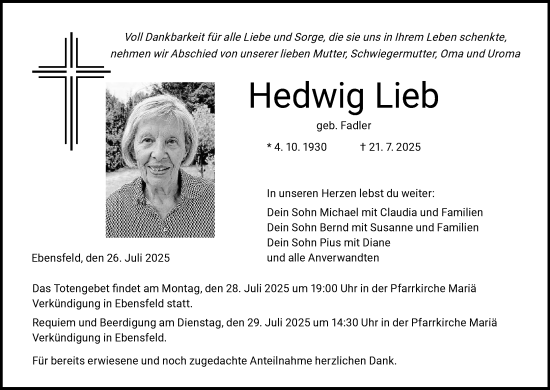Anzeige von Hedwig Lieb von MGO