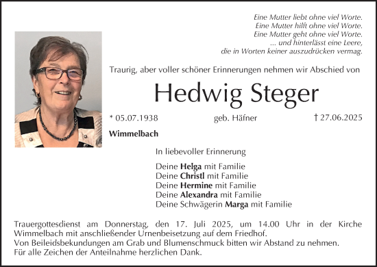 Anzeige von Hedwig Steger von MGO