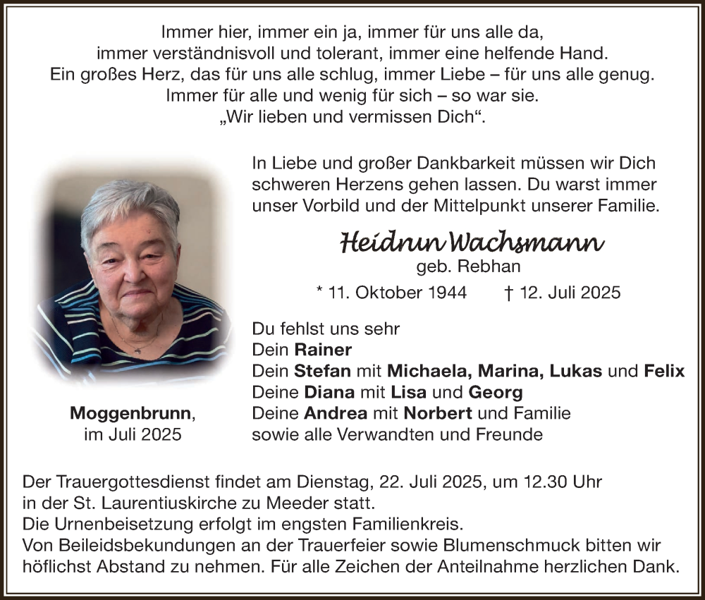  Traueranzeige für Heidrun Wachsmann vom 19.07.2025 aus MGO