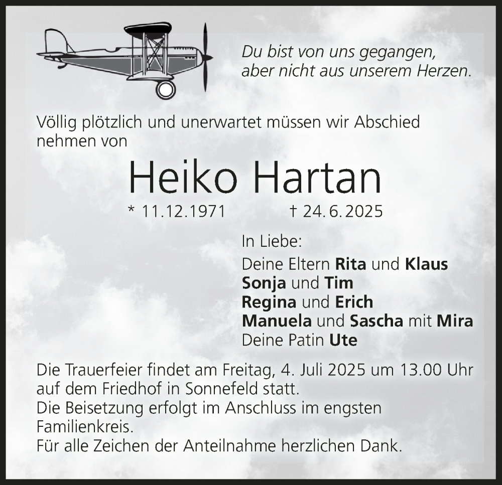  Traueranzeige für Heiko Hartan vom 01.07.2025 aus MGO