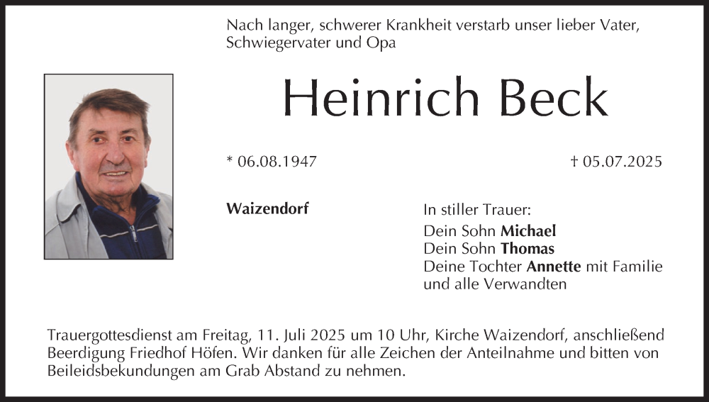  Traueranzeige für Heinrich Beck vom 08.07.2025 aus MGO