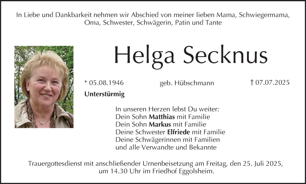  Traueranzeige für Helga Secknus vom 19.07.2025 aus MGO