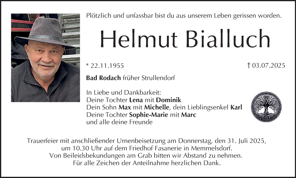  Traueranzeige für Helmut Bialluch vom 26.07.2025 aus MGO