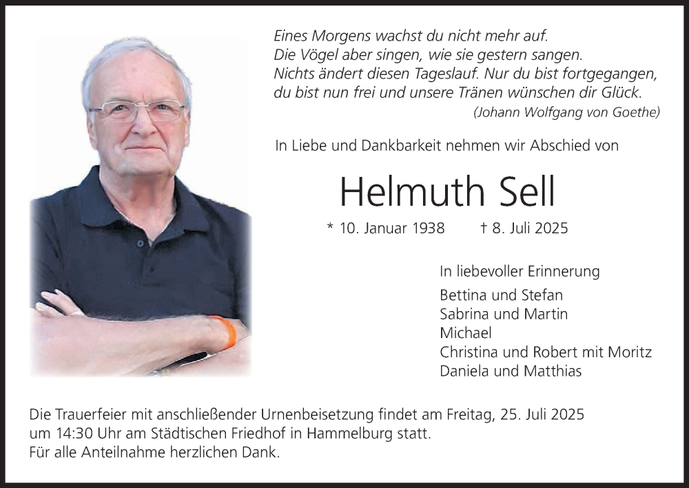  Traueranzeige für Helmuth Sell vom 19.07.2025 aus MGO
