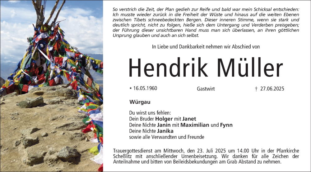 Traueranzeige für Hendrik Müller vom 19.07.2025 aus MGO