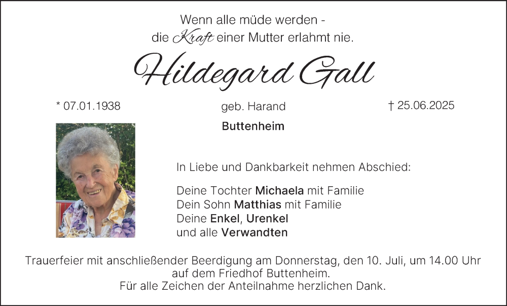  Traueranzeige für Hildegard Gall vom 05.07.2025 aus MGO