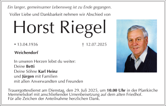 Anzeige von Horst Riegel von MGO