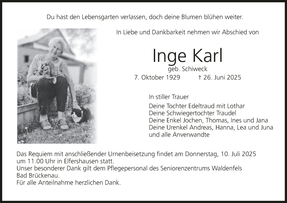  Traueranzeige für Inge Karl vom 05.07.2025 aus MGO