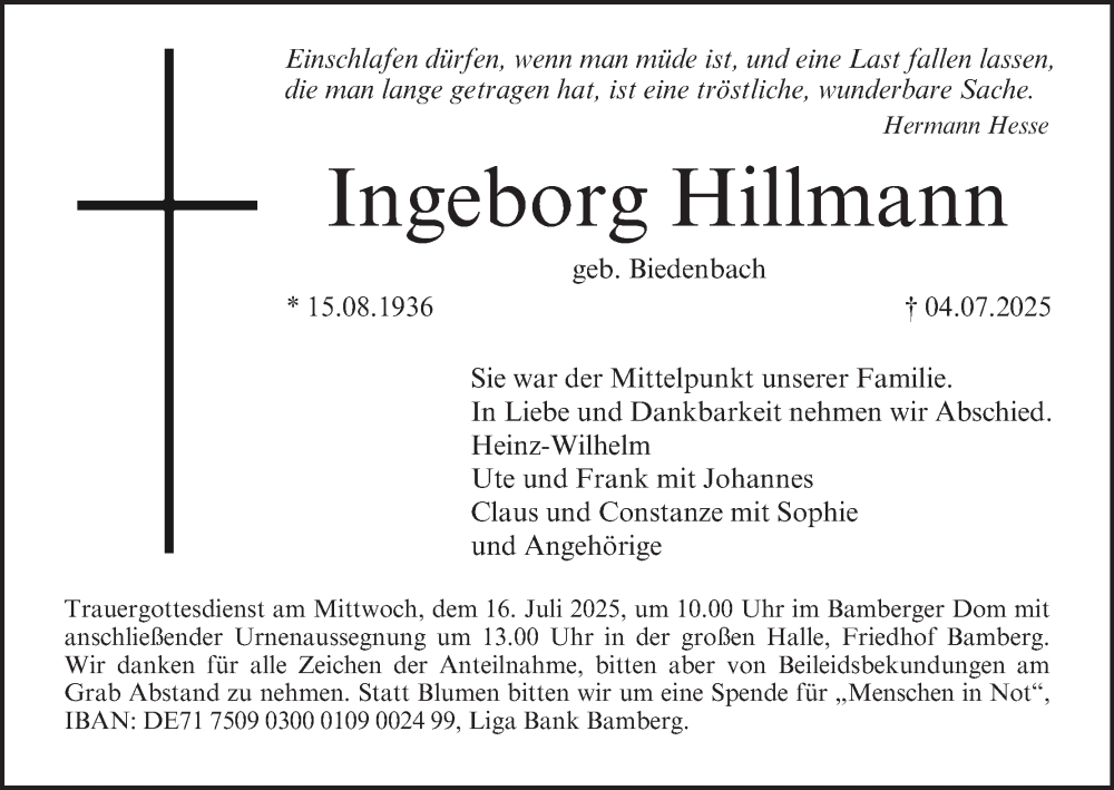  Traueranzeige für Ingeborg Hillmann vom 12.07.2025 aus MGO