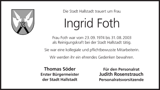 Anzeige von Ingrid Foth von MGO
