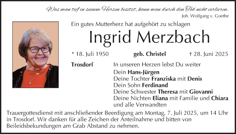  Traueranzeige für Ingrid Merzbach vom 04.07.2025 aus MGO