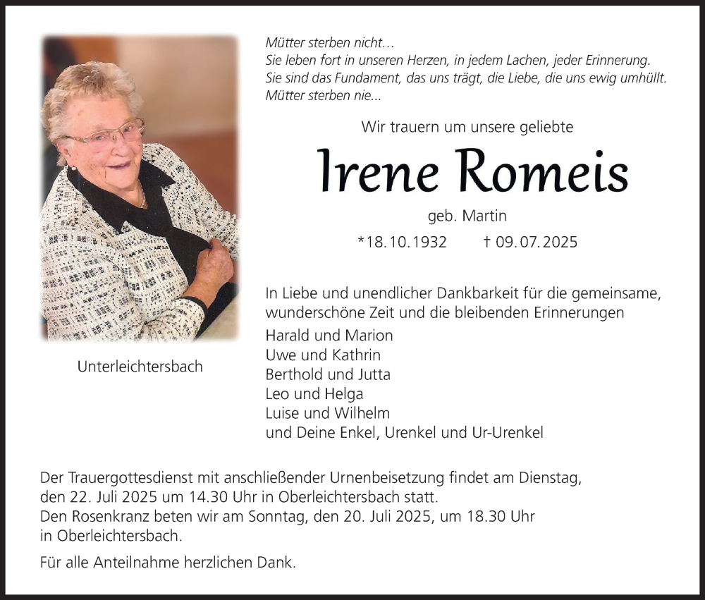  Traueranzeige für Irene Romeis vom 19.07.2025 aus MGO