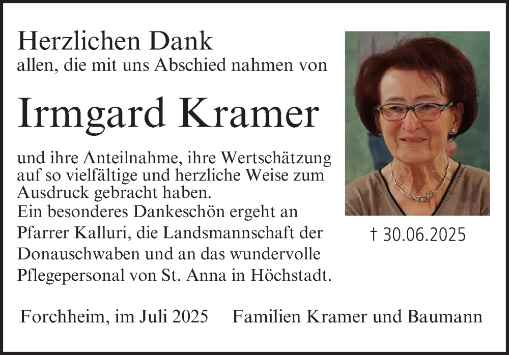  Traueranzeige für Irmgard Kramer vom 19.07.2025 aus MGO