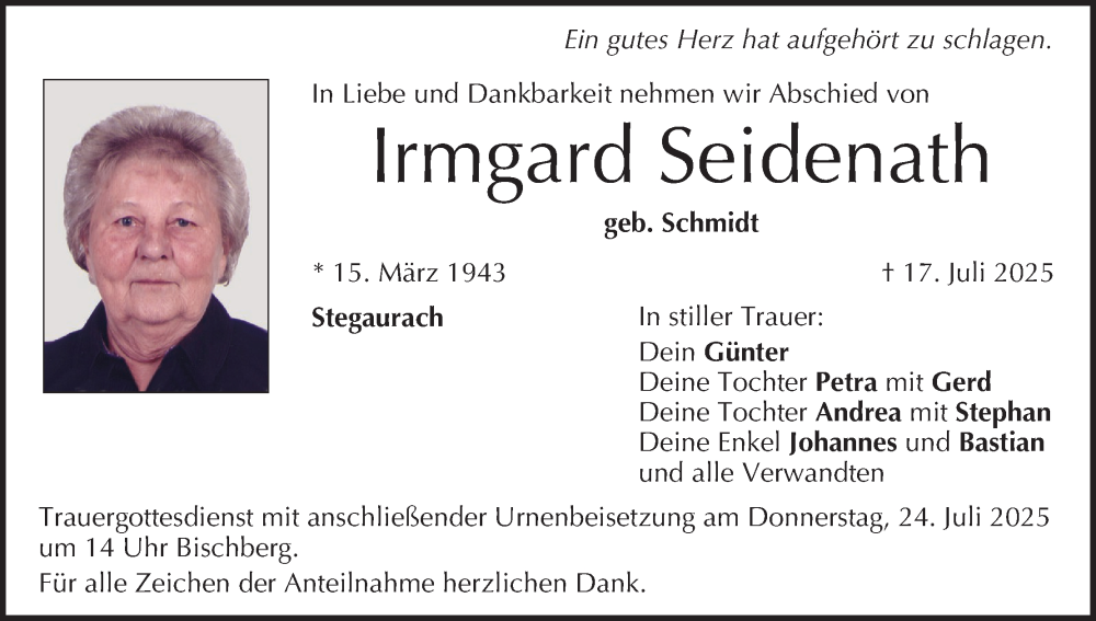  Traueranzeige für Irmgard Seidenath vom 19.07.2025 aus MGO