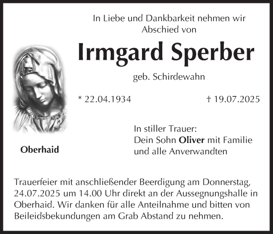 Anzeige von Irmgard Sperber von MGO