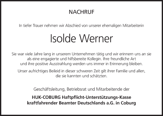 Anzeige von Isolde Werner von MGO