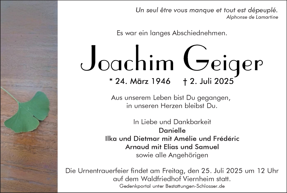 Traueranzeige für Joachim Geiger vom 19.07.2025 aus MGO