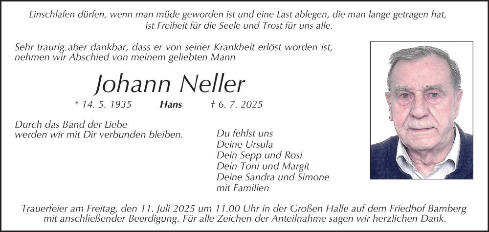  Traueranzeige für Johann Neller vom 09.07.2025 aus MGO
