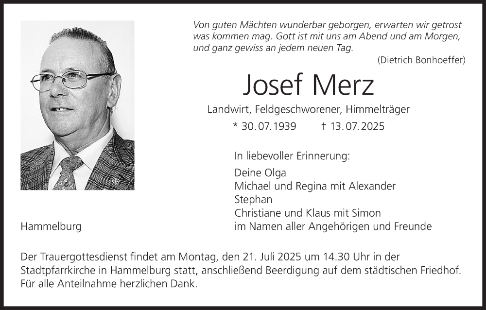  Traueranzeige für Josef Merz vom 19.07.2025 aus MGO