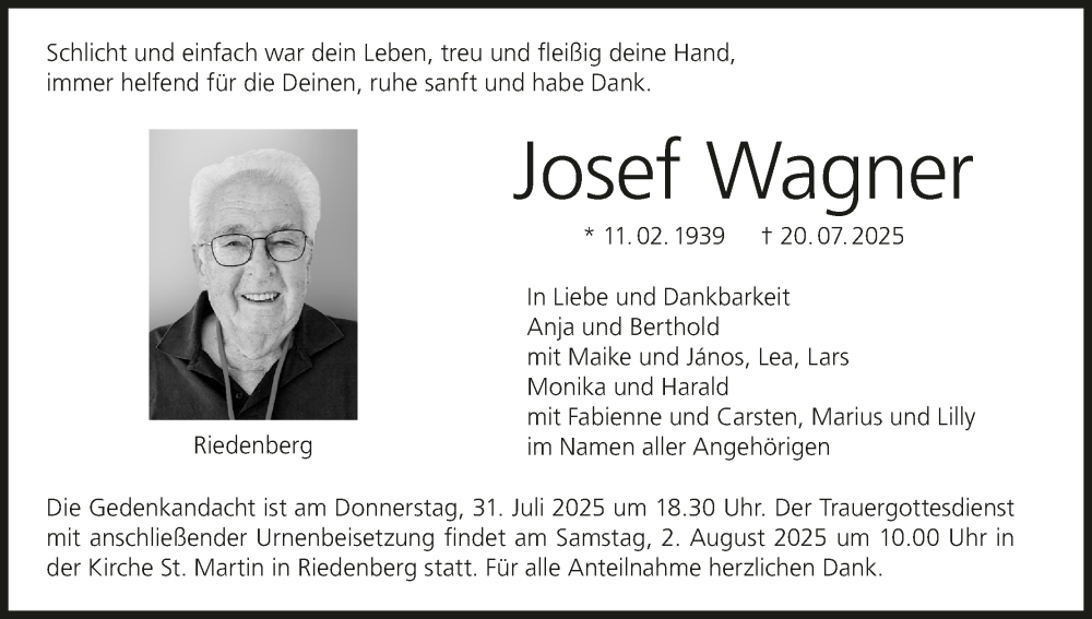  Traueranzeige für Josef Wagner vom 26.07.2025 aus MGO