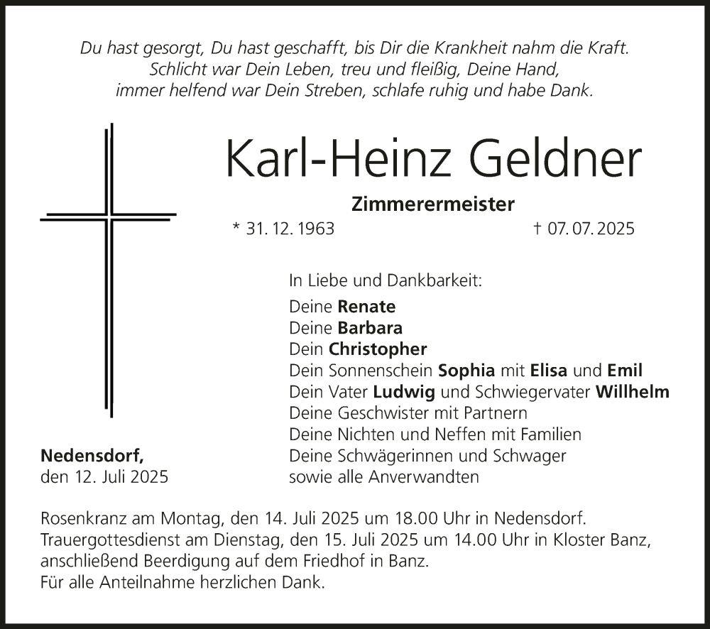  Traueranzeige für Karl-Heinz Geldner vom 12.07.2025 aus MGO