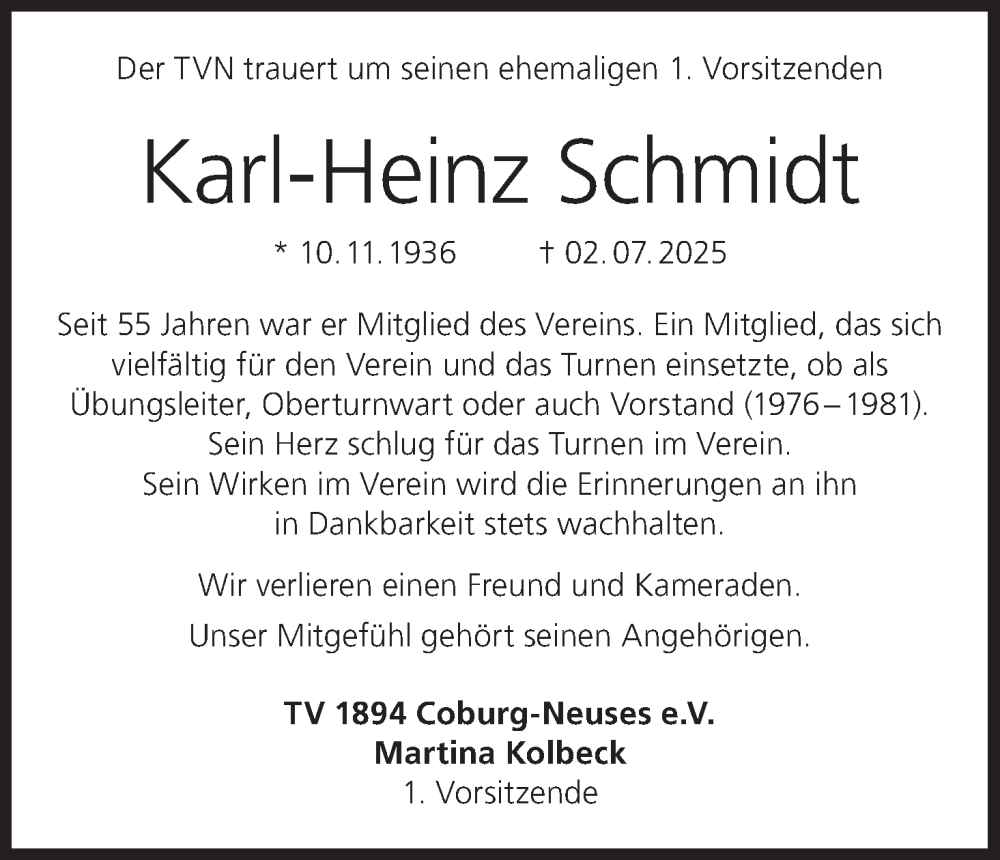  Traueranzeige für Karl-Heinz Schmidt vom 19.07.2025 aus MGO