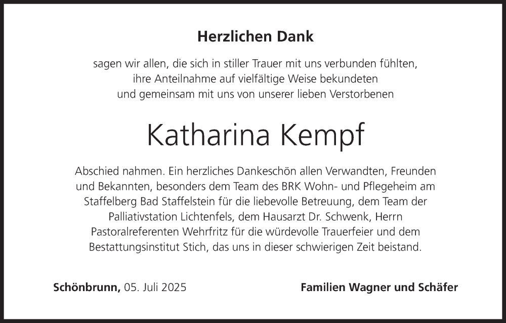  Traueranzeige für Katharina Kempf vom 05.07.2025 aus MGO