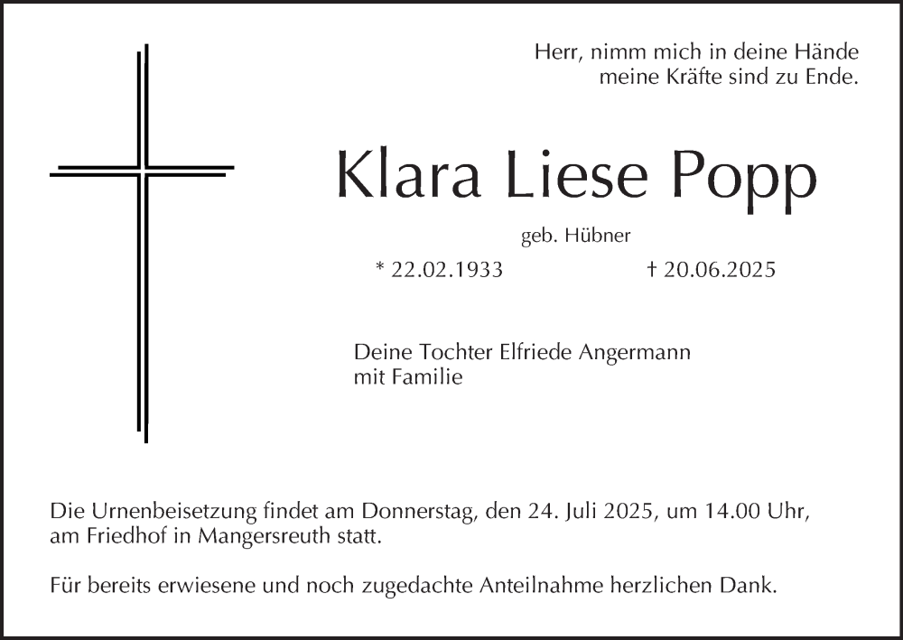  Traueranzeige für Klara Liese Popp vom 19.07.2025 aus MGO