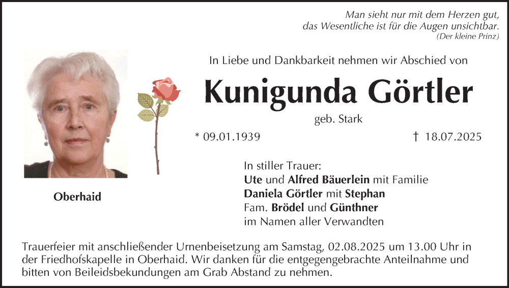  Traueranzeige für Kunigunda Görtler vom 26.07.2025 aus MGO