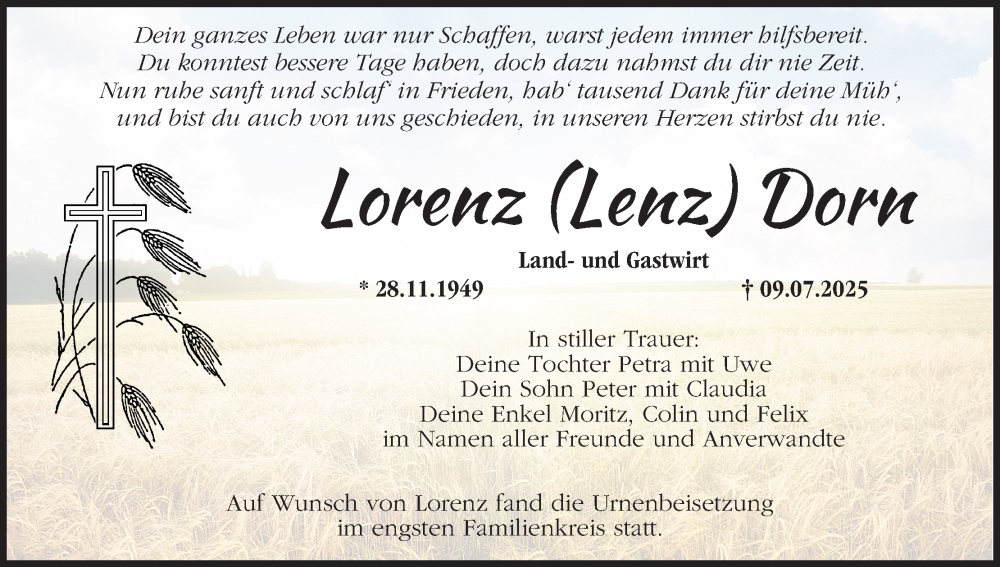  Traueranzeige für Lorenz Dorn vom 26.07.2025 aus MGO
