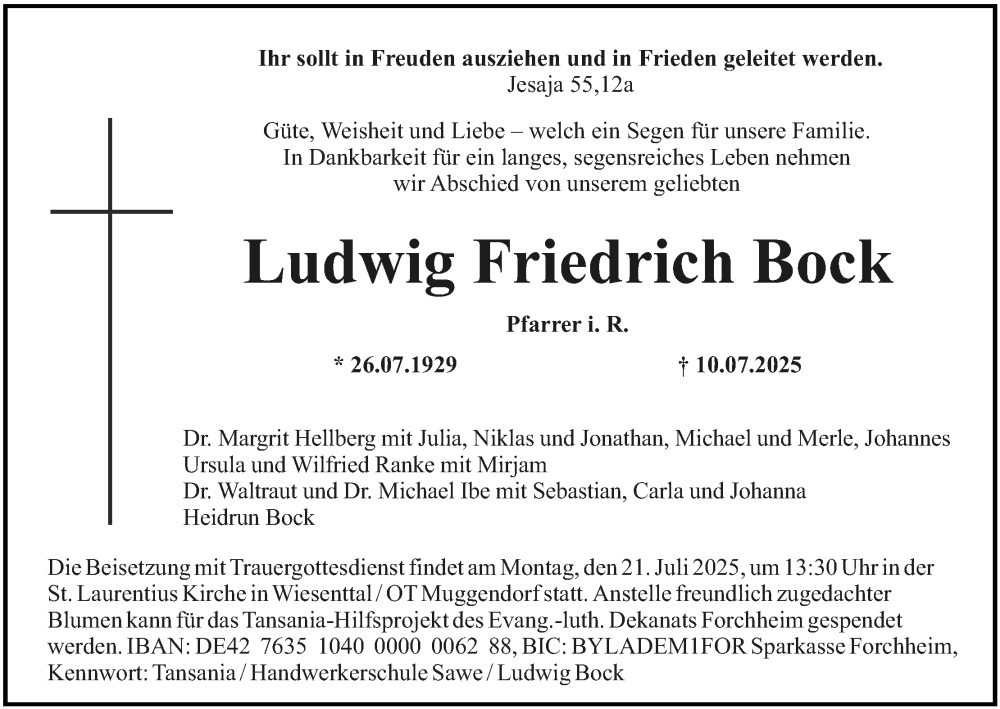  Traueranzeige für Ludwig Friedrich Bock vom 16.07.2025 aus MGO